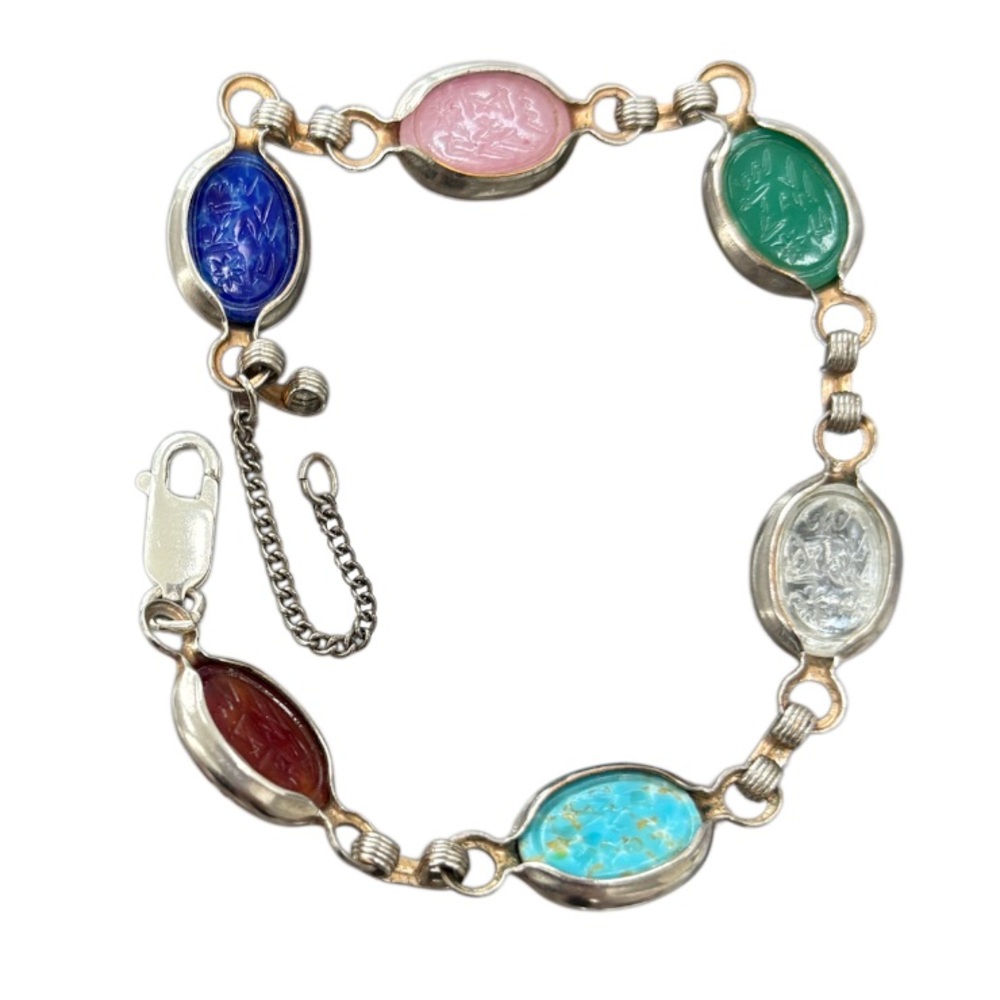 Vintage Scarab Bracelet Silver Retro Jewelry 60s MCM Carved Multicolor Stones - Picture 7 of 12